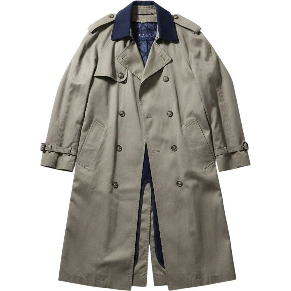 Ralph Lauren Mens Double Breasted Trench Coat Khaki Navy Collar Removable Liner